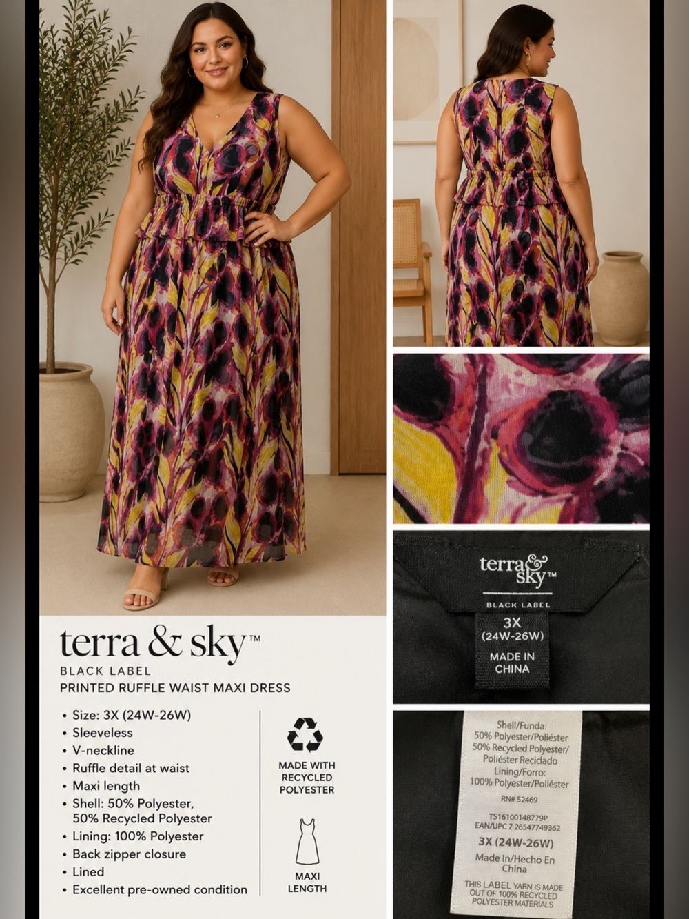 Terra & Sky Black Label Plus Size 3X Floral Abstract Sleeveless Midi Dress